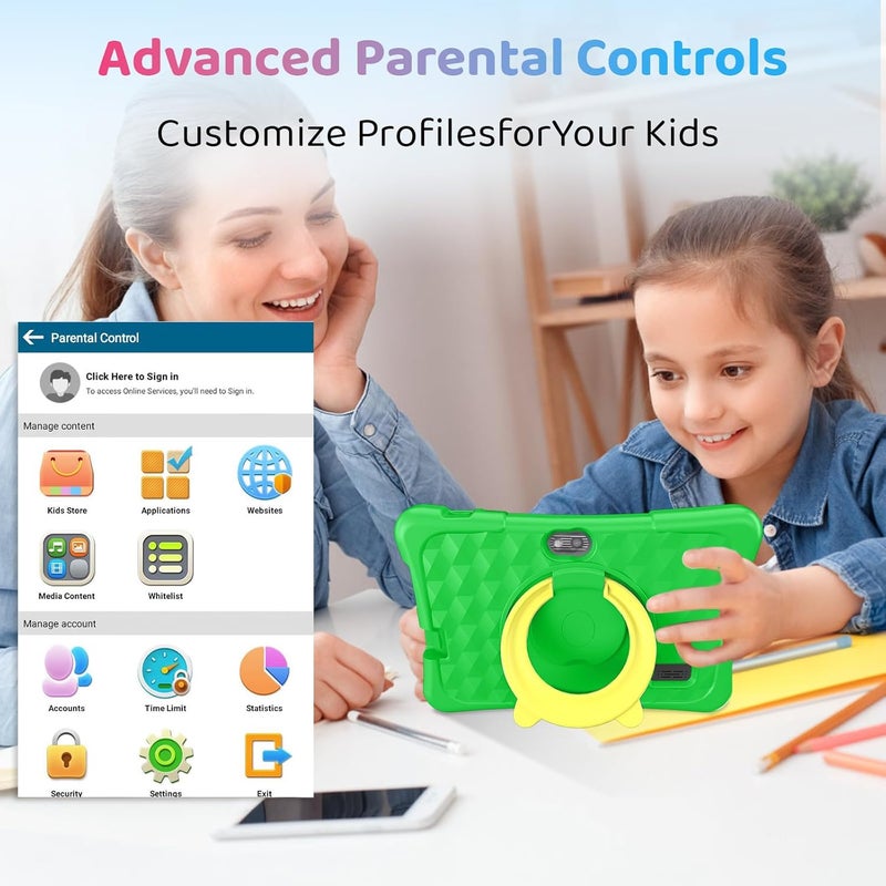 aiprotablet تابلت للأطفال، 7 بوصة أندرويد 15 تابلت للأطفال، 8GB+32GB 1TB قابل للتوسيع، تابلت للأطفال رباعي النواة مع غلاف مضاد للصدمات، BT5.0، واي فاي 5، تحكم أبوي، ألعاب، كاميرا مزدوجة (أخضر) - Image 4